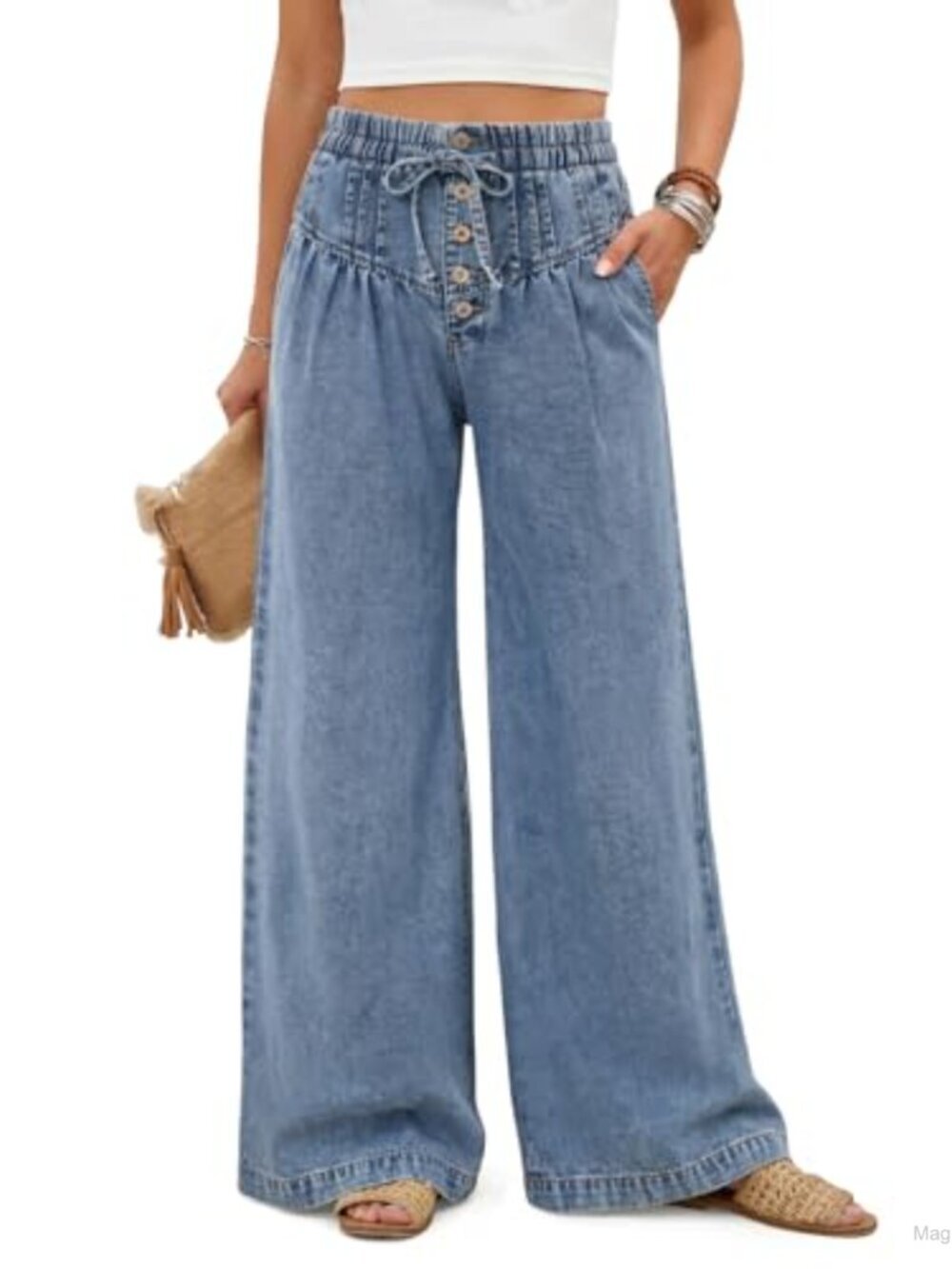 High Rise Wide Leg Baggy Denim Palazzo Jeans Drawstring Waist